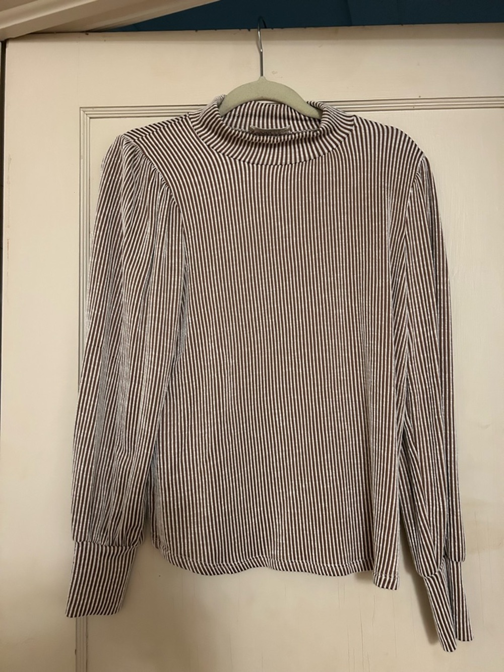 Zenana Outfitters Brown and White Striped Mock Neck Long Sleeve Top